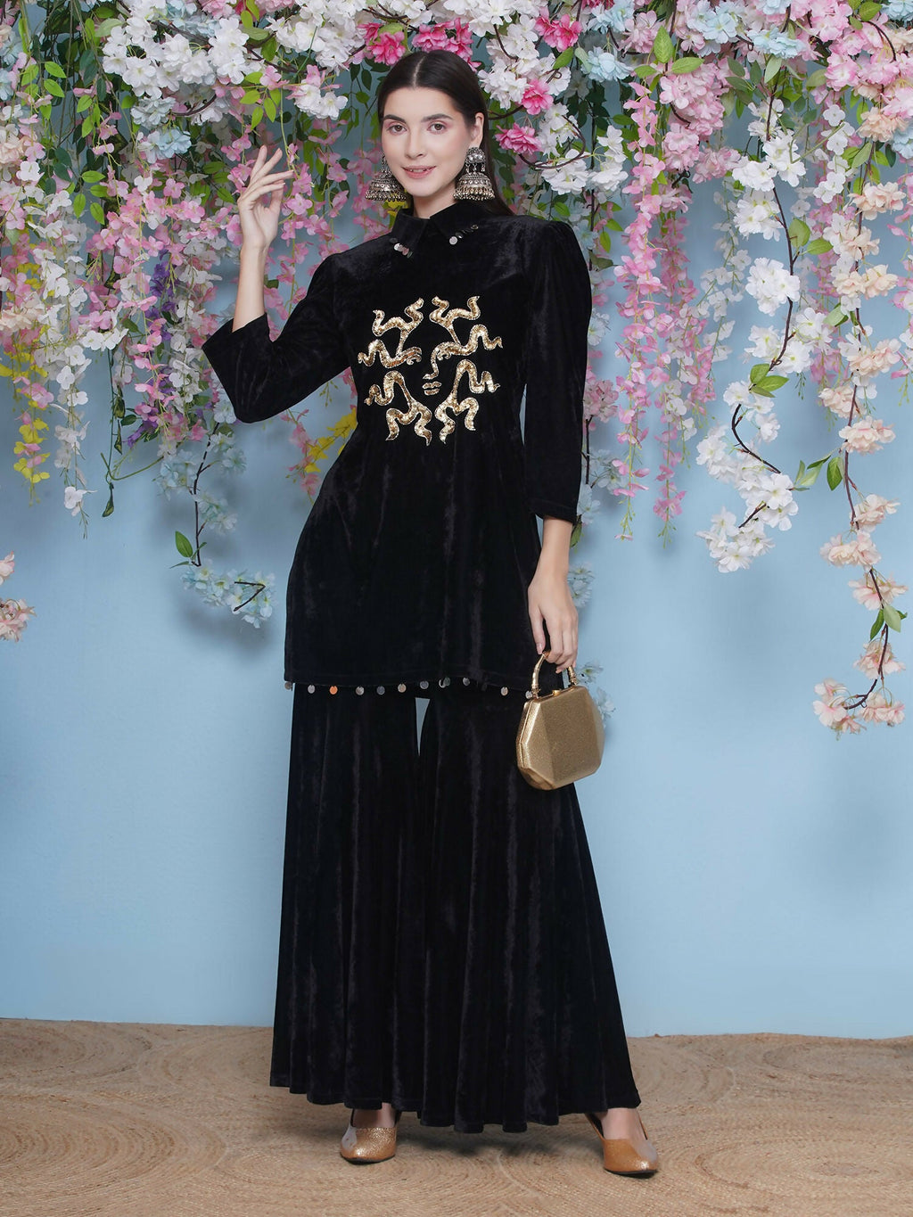 Joban Fashion Black Velvet Sharara Set