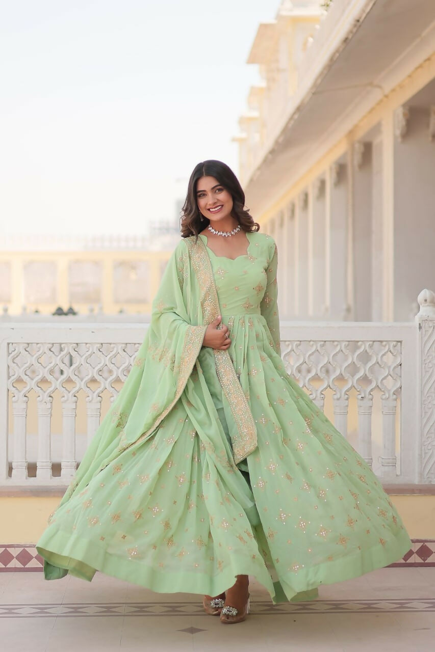 Vastranavya Faux Georgette with Zari & Sequins Embroidery Work Gown with Dupatta - Turquoise