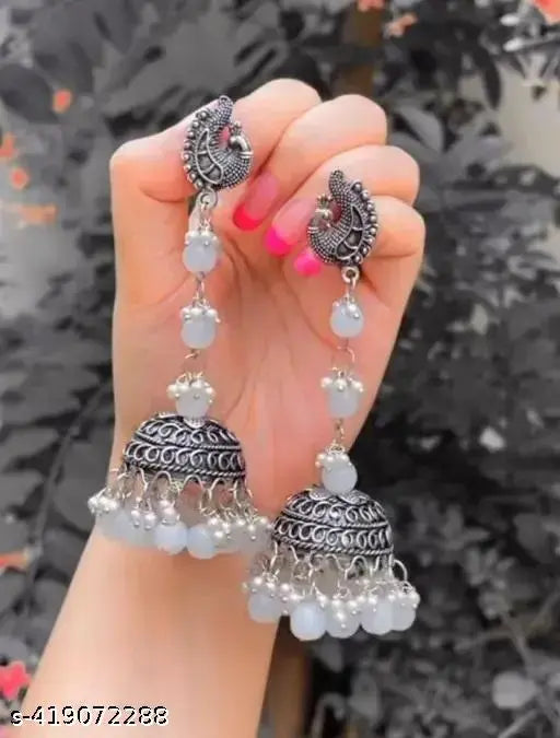 Tehzeeb Creations Women's Silver Colour Oxidised Peacock Design Earrings With White Pearl