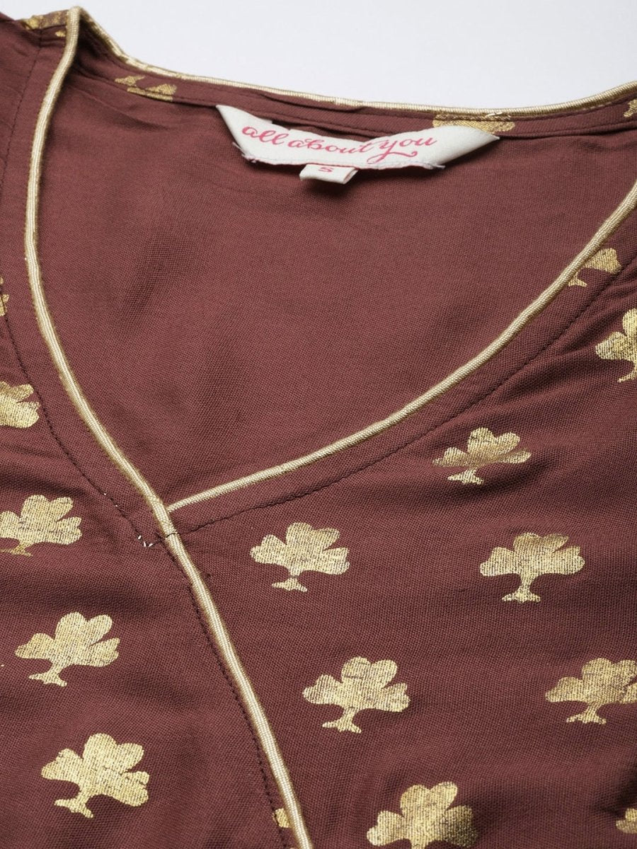 All About You Women Brown & Golden Ethnic Motifs Printed Gotta Patti Kurta