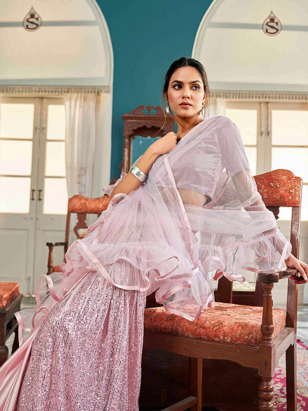 Tikhi Imli Floral Sequinned Satin Half and Half Saree