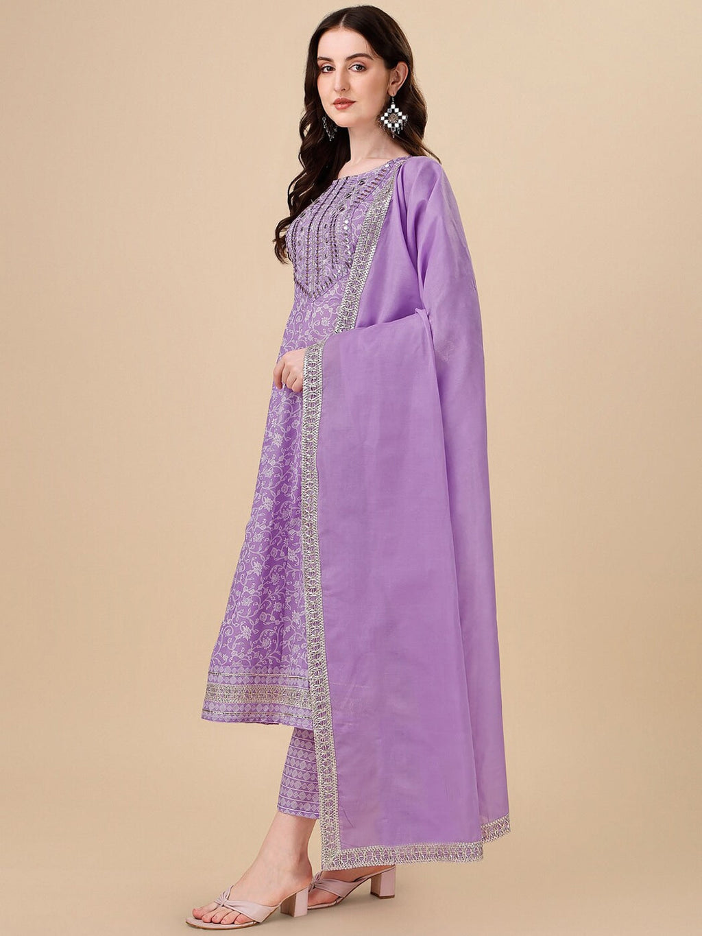 HERE&NOW Purple Floral Printed Pure Cotton A-Line Kurta & Trousers With Dupatta
