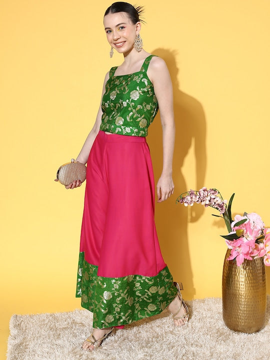 InWeave Women's Green Brocade Strappy Top W Fuchsia Green Brocade Palazzo Set
