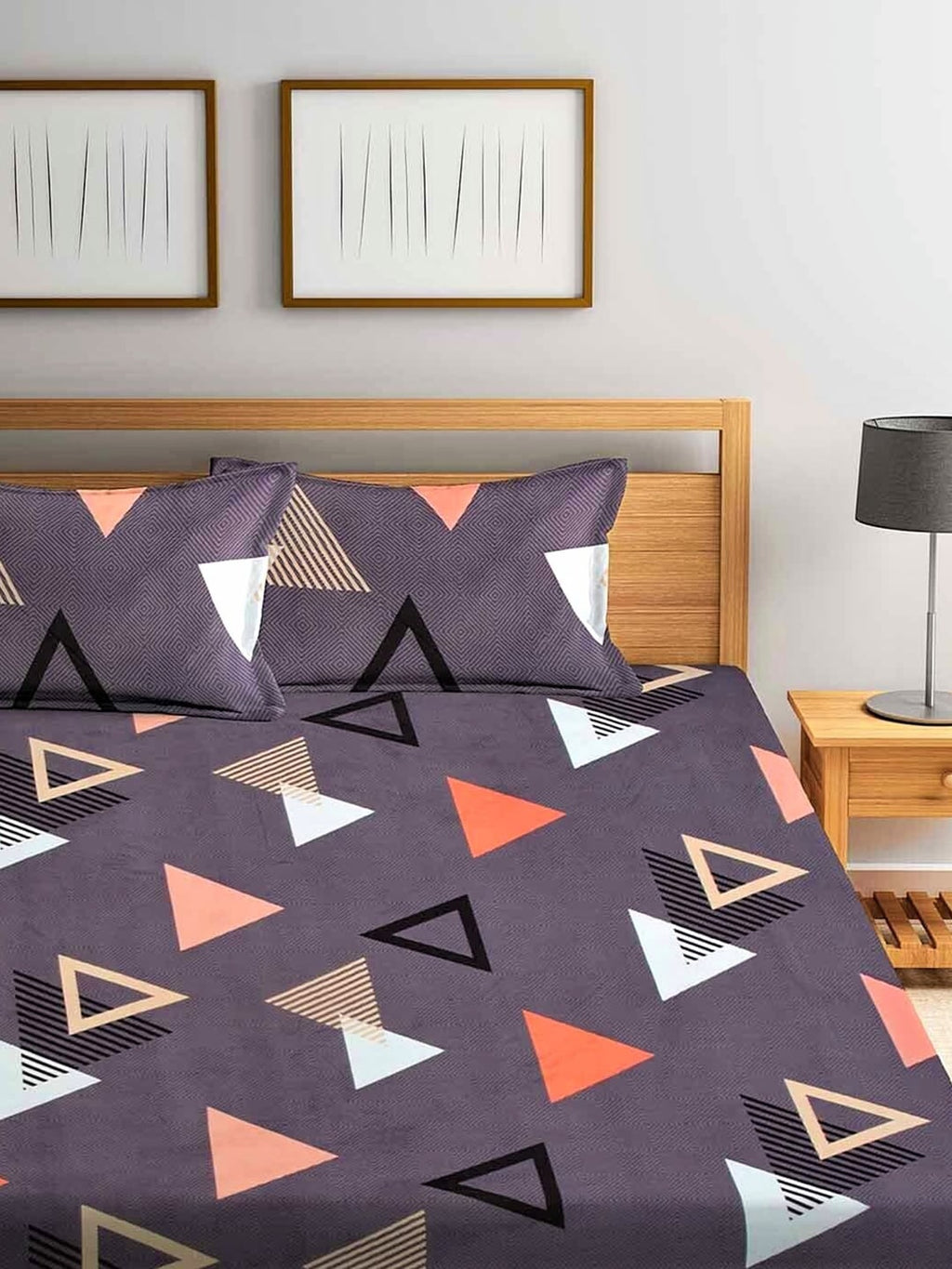 Home Sizzler Purple Geometric 210 TC Cotton 1 Double Queen Bedsheet With 2 Pillow Covers