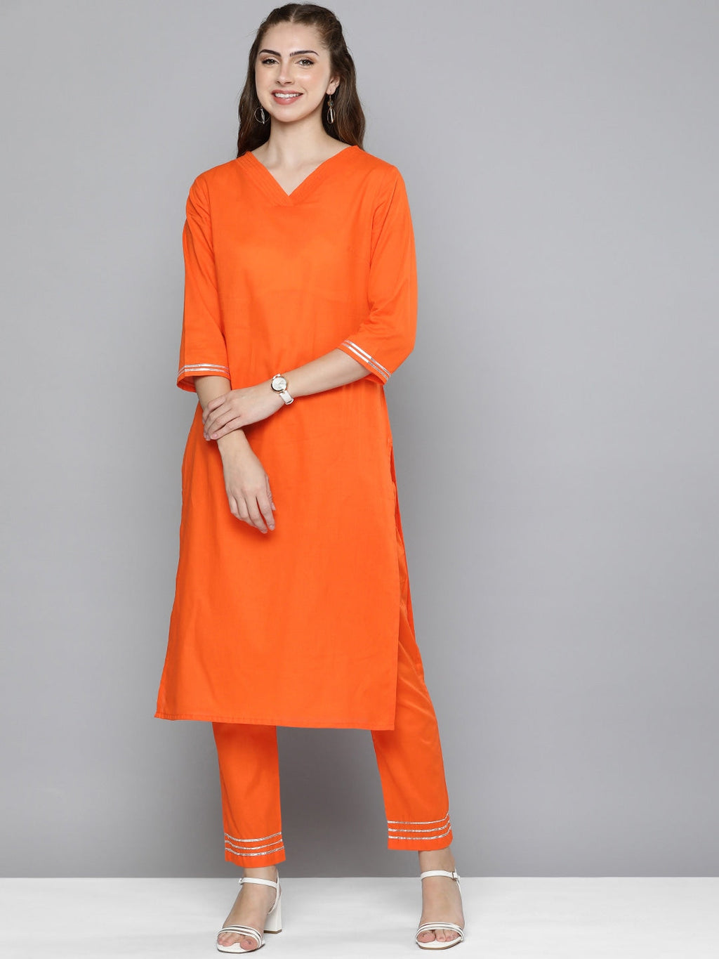 HERE&NOW Women Regular Gotta Patti Pure Cotton Kurta with Trousers