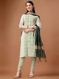 HERE&NOW Geometric Printed Pure Cotton Kurta With Trousers & Dupatta