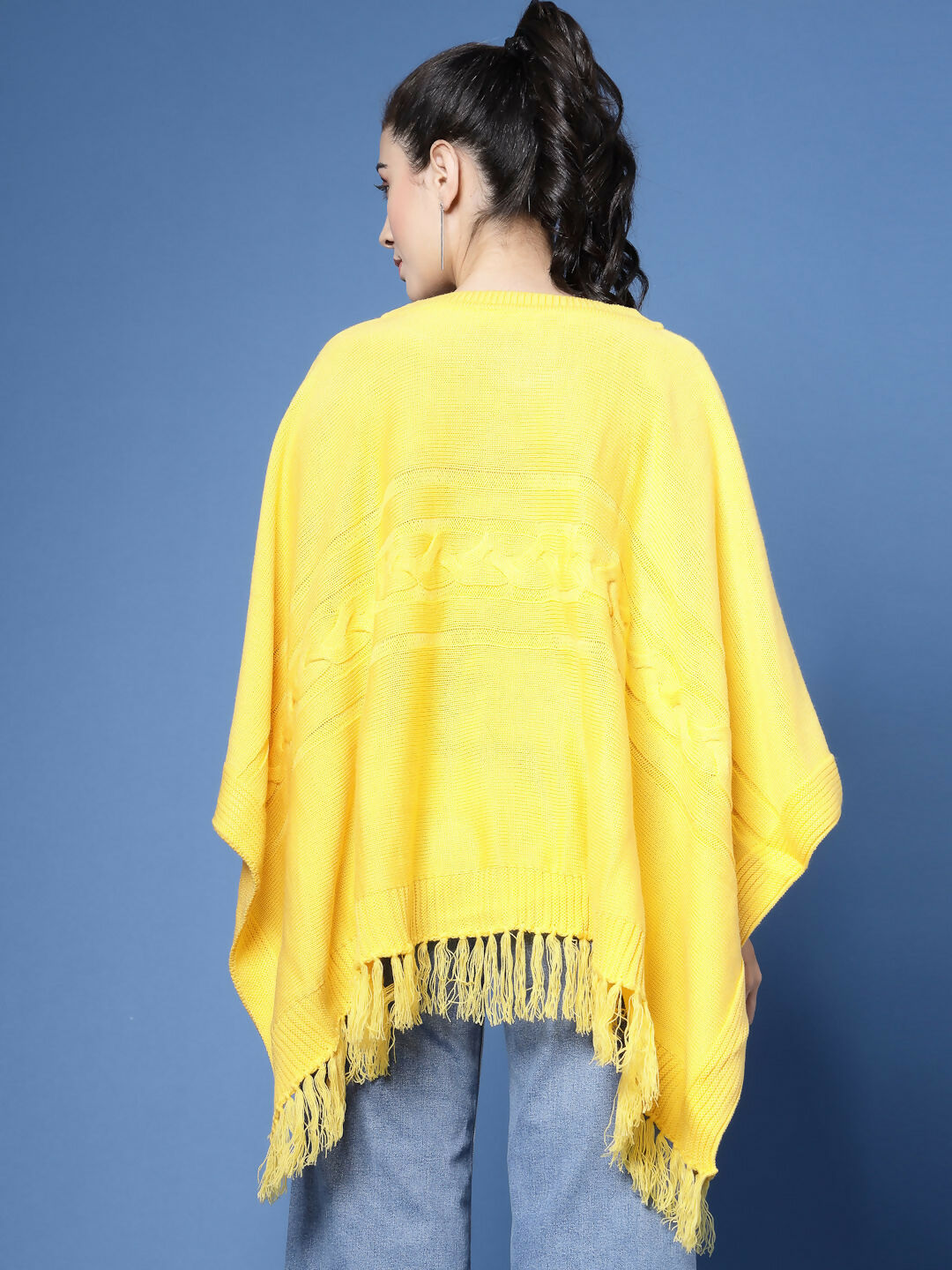 Women Yellow Acrylic Self Design Poncho - Wool Trees
