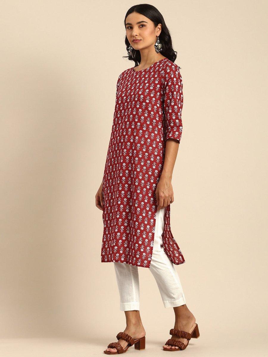 All About You Women Maroon Printed Pure Cotton Kurta with Trousers