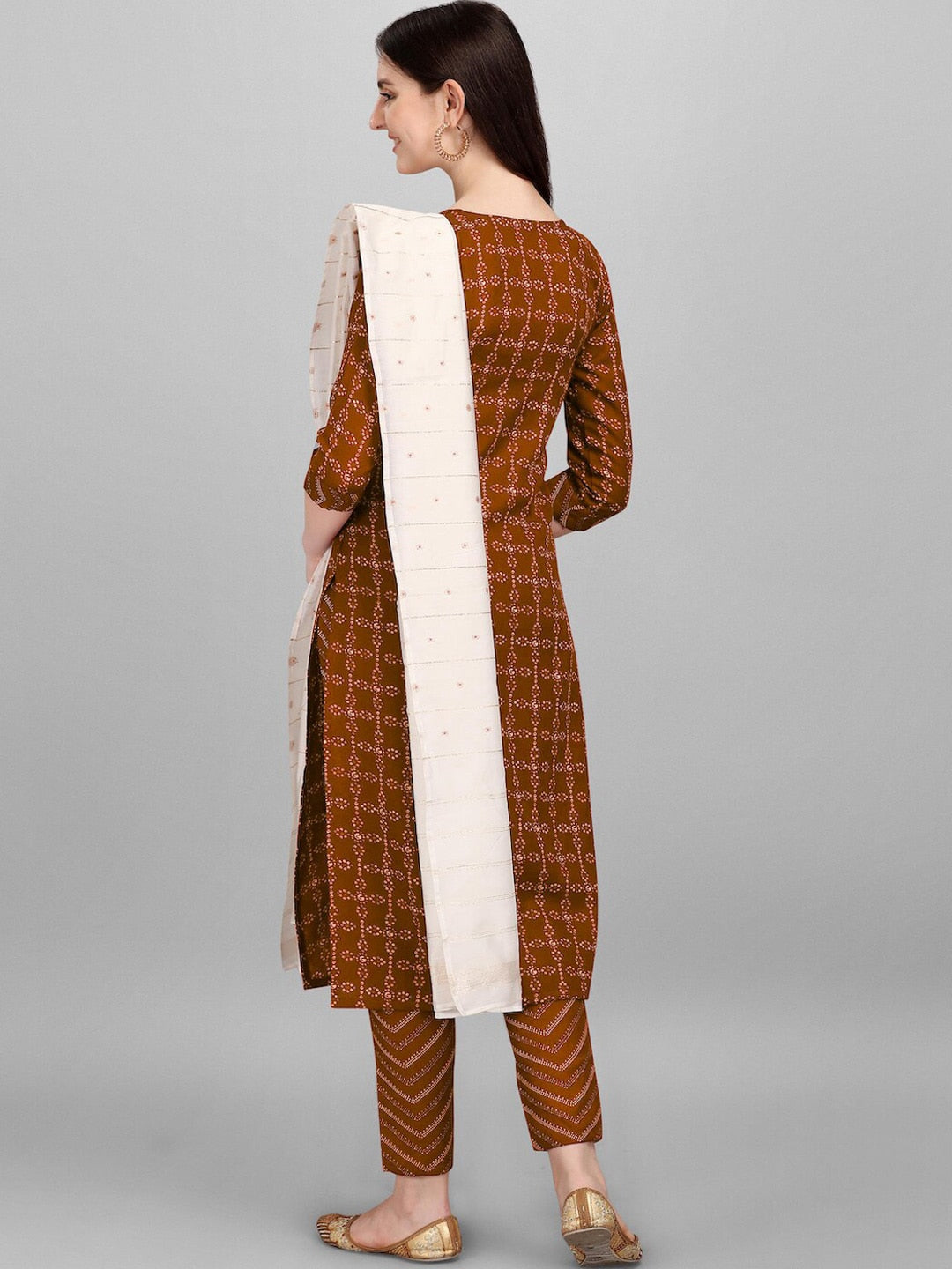 HERE&NOW Brown & White Regular Pure Cotton Kurta With Trousers & Dupatta