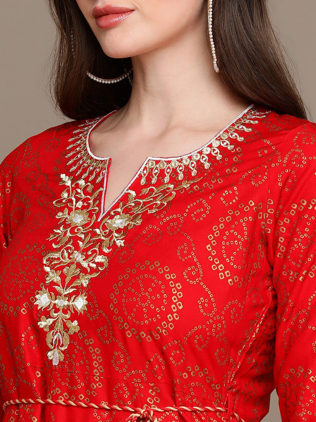 HERE&NOW Bandhani Printed Thread Work Embroidered Anarkali Kurta