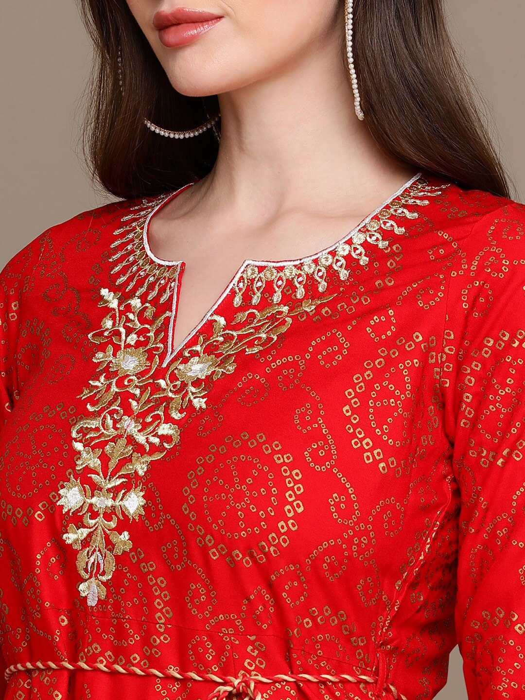 HERE&NOW Bandhani Printed Thread Work Embroidered Anarkali Kurta