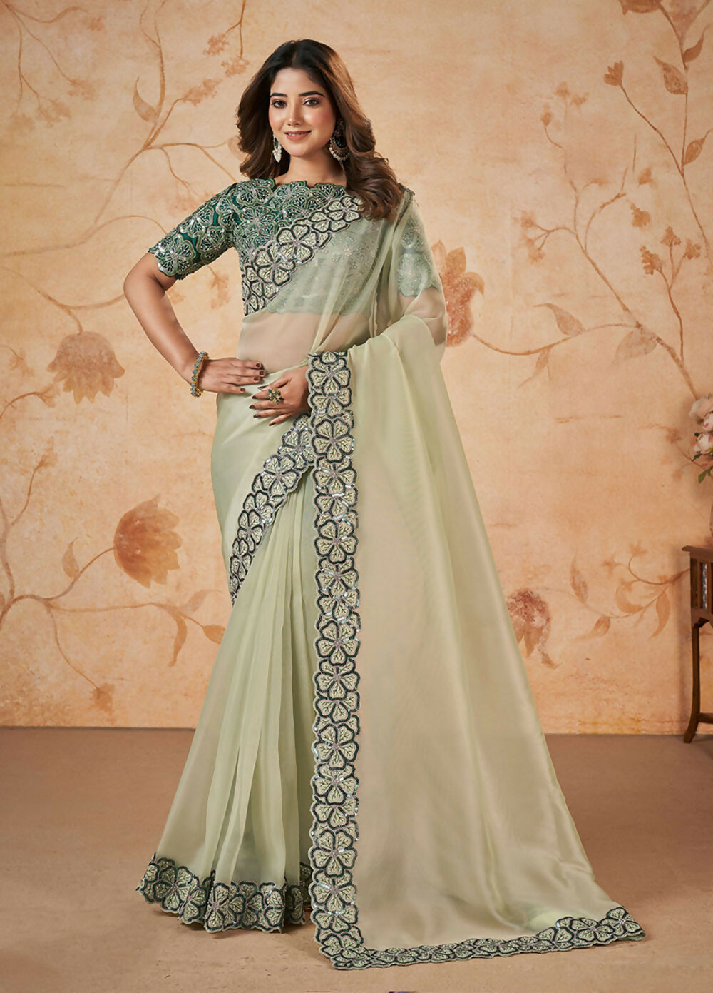 Light Green Net Organza Georgette Thread, Sequence, Cord Embroidered with Moti Work Saree - Mohmanthan Dakshika