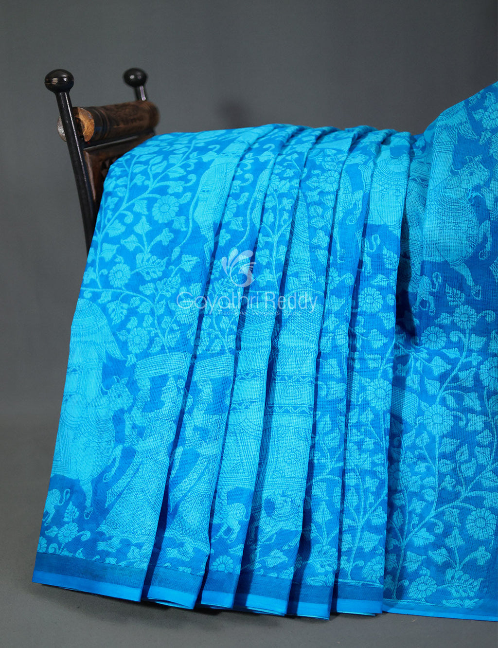 Sky Blue Kalamkaari Print Munga Cotton Saree By Gayathri Reddy Designer Studio