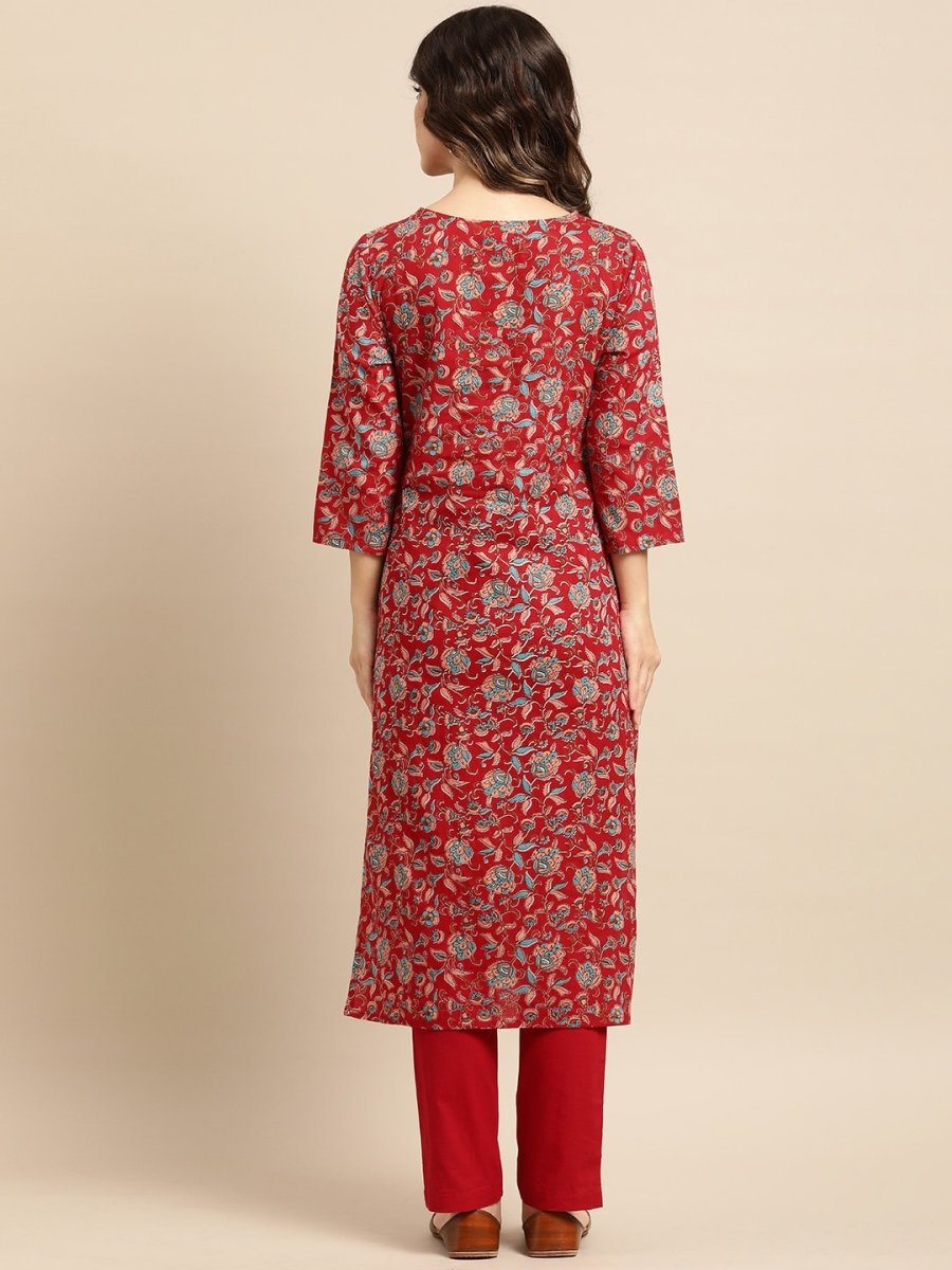 All About You Women Red Floral Printed Pure Cotton Kurta with Trousers