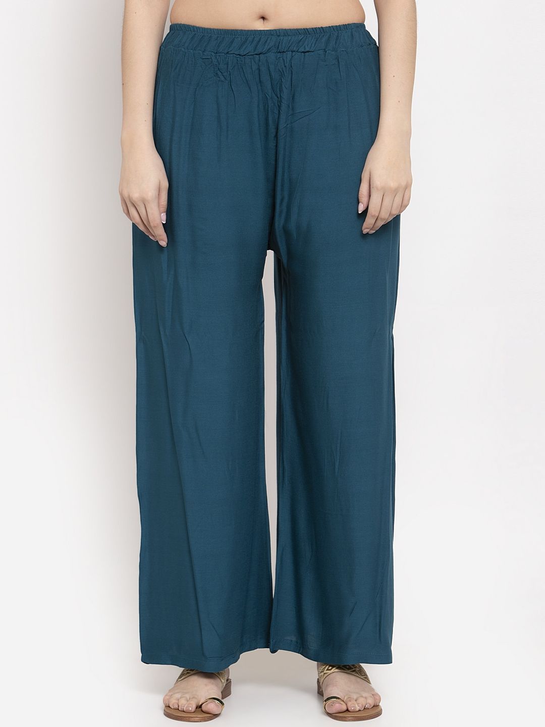TAG 7 Women Set Of 2 Navy Blue & Peach-Coloured Solid Wide Leg Palazzos