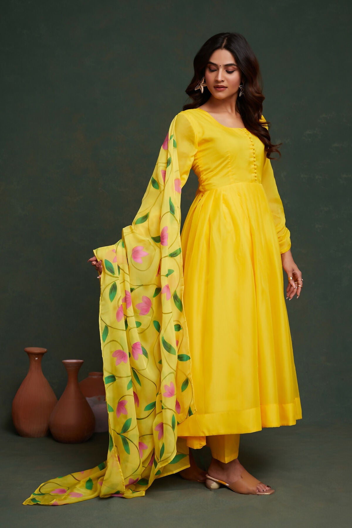Aayaa Viscose Organza Dyeable Hand Painted Suit - Lemon Yellow