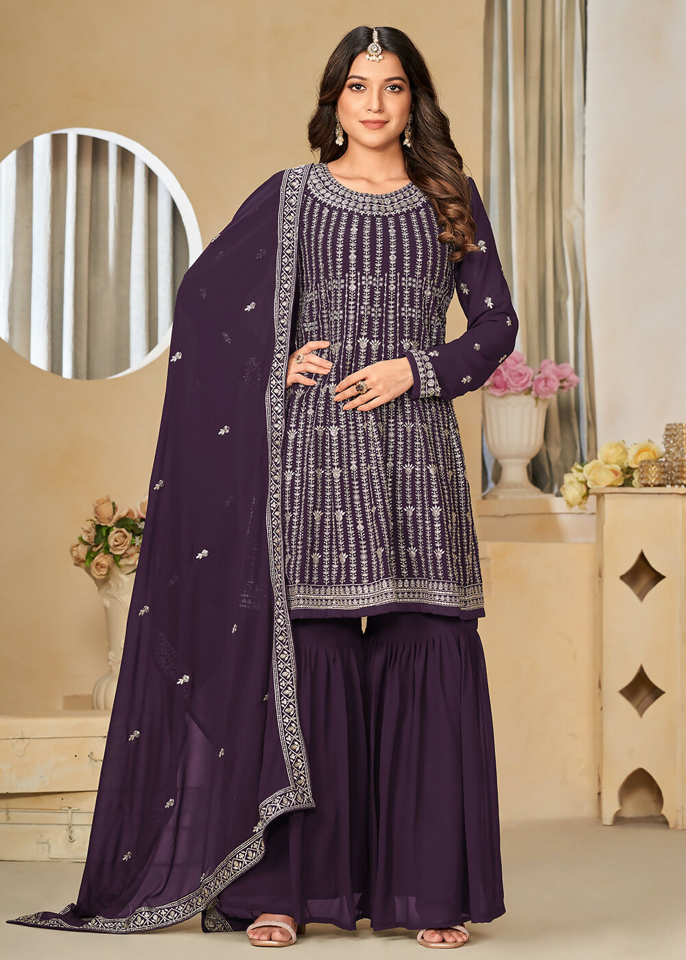 Faux Georgette Purple Embroidered Gharara Style Suit - Emponline