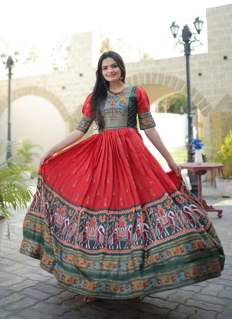 Jyoti Fashion Women's Red Patola with Foil Print Dola Silk Anarkali Dress
