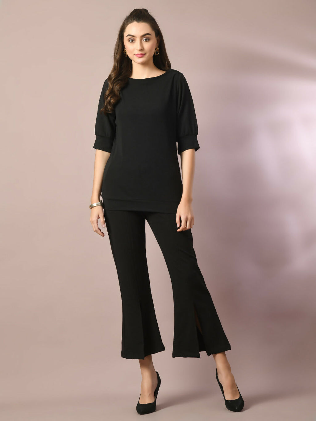 Myshka Women's Black Solid Boat Neck Party Top With Trousers Co-ord set