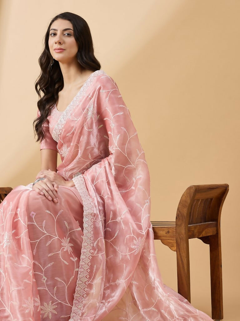 Peach Tissue Slub Embroidered Saree with Unstitched Blouse - Vairagi