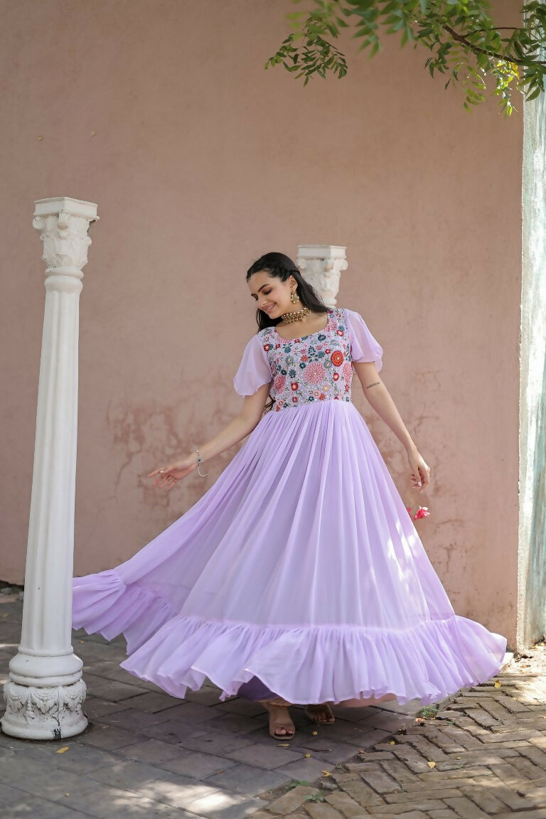 Jyoti Fashion Women's Purple Sequins Thread Embroidery Faux Georgette Anarkali Dress