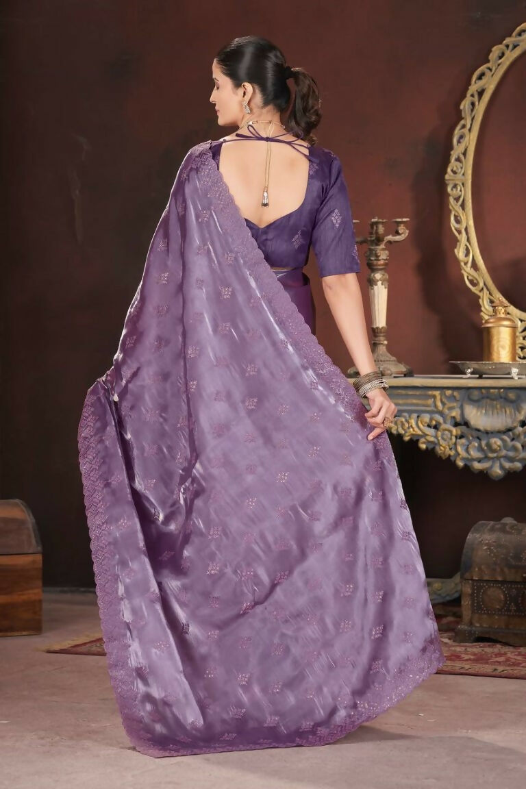 Vastranavya Lavender Jimmy Choo Silk 3mm Sequence work with Cross Stitch Embroidery work & Cutwork Border Saree