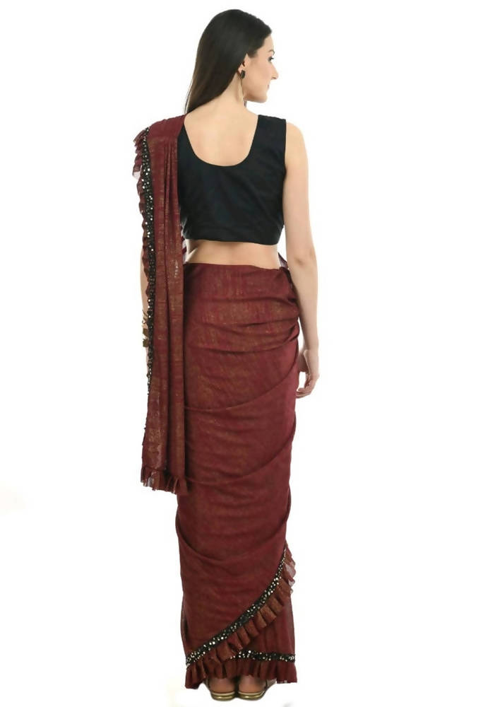 Mominos Fashion All Season Wear Rust And Black Ruffled Ready To Wear Saree