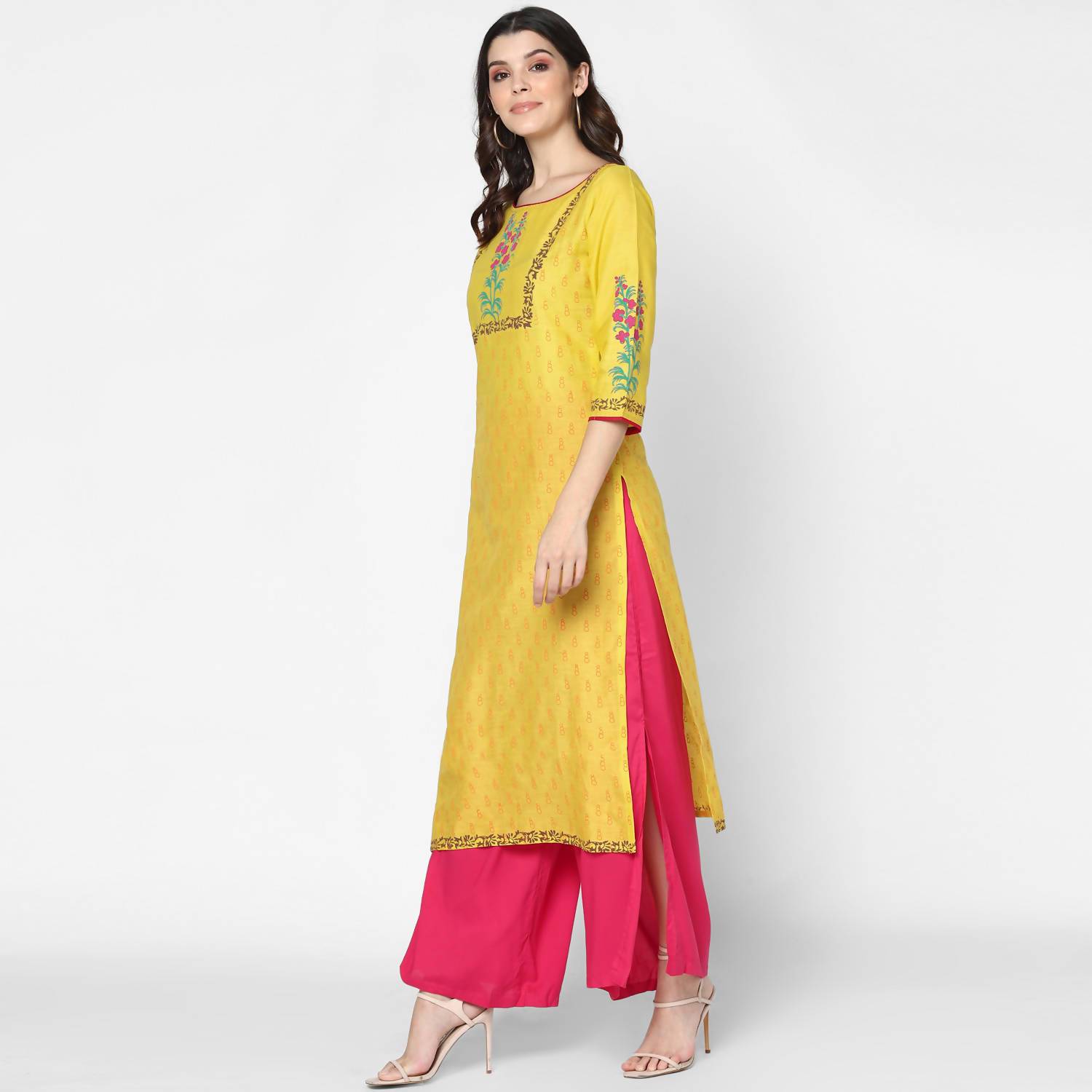 Cheera Hand Block Print Yellow & Magenta Straight Kurta With Palazzo (MAAI-084K)