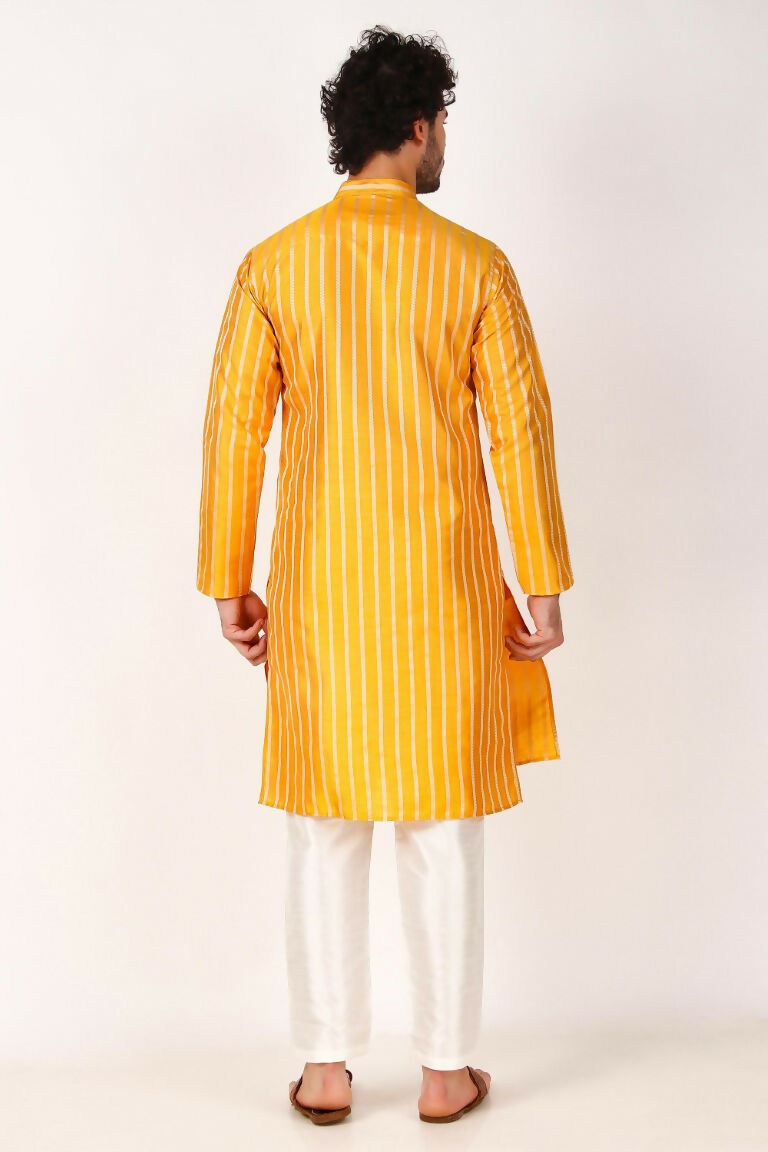 Yellow Art Silk Woven Designer Men's Rajwadi Kurta Set - Mahotsav