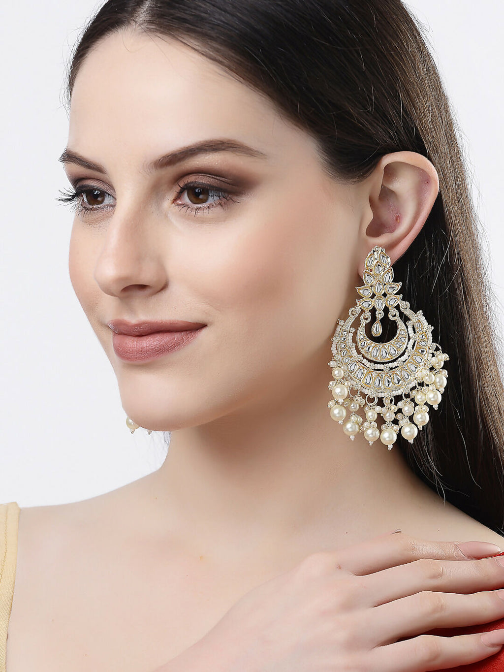 NVR Women Gold-Polished Kundan Chandbali Earrings
