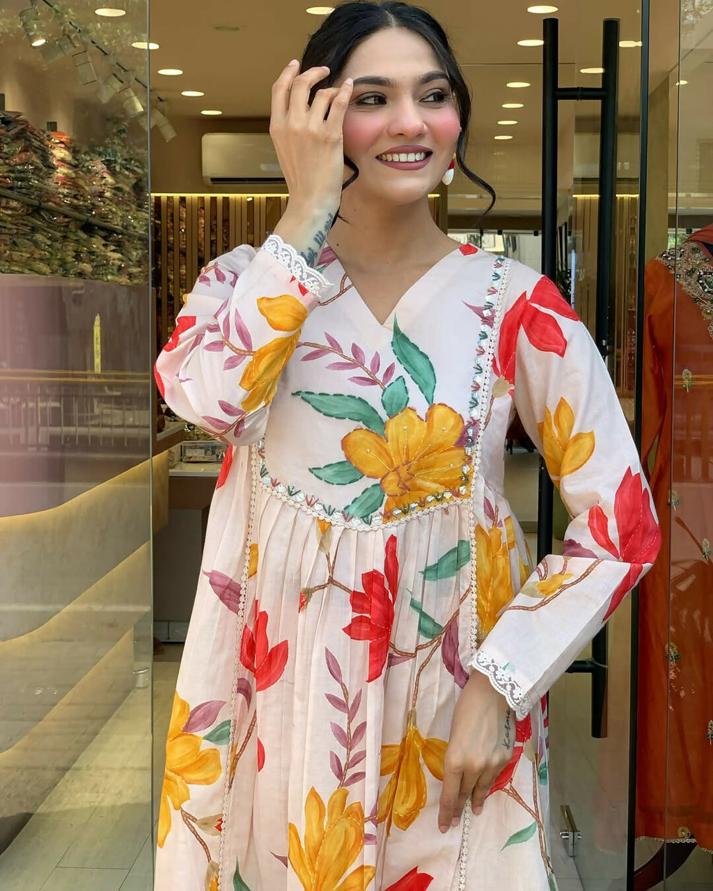 The52 Peach Women's Gorgeous Cotton Fabric Printed Work Straight Kurta Pant and Dupatta Set