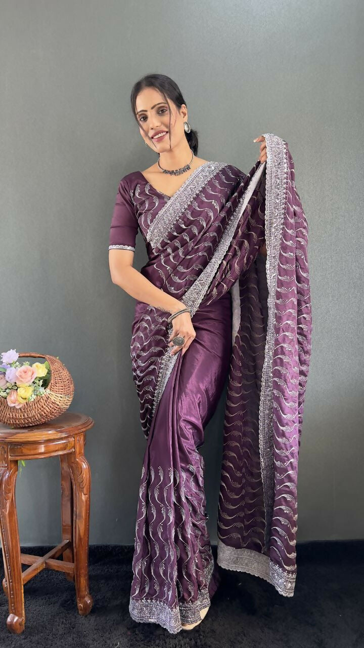 Vastranavya Purple Chinnon Silk Embroidery Multi Sequence & Arco Cut Work Ready to Wear Saree