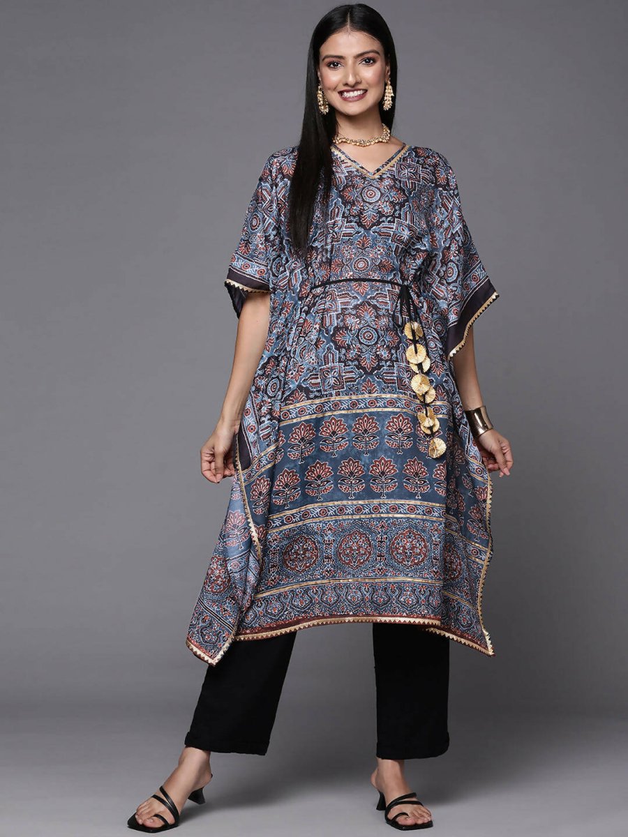 Ahalyaa Navy Blue & Maroon Floral Print Kaftan Kurta