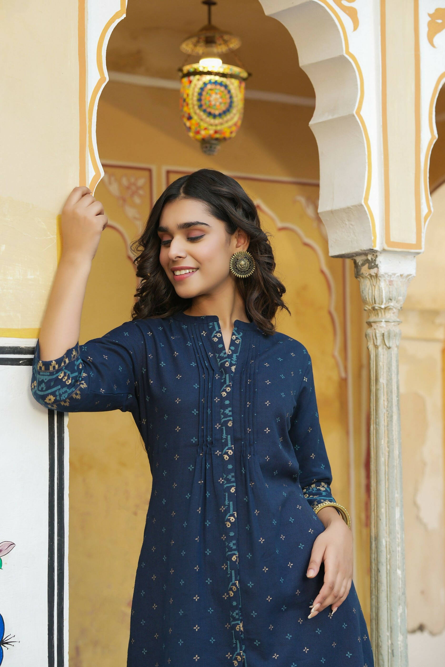 Juniper Women's Blue Cotton Flex Printed A-Line Kurta