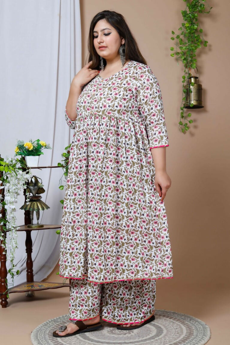 Miravan Women's Cotton Floral Print Anarkali Kurta Sharara