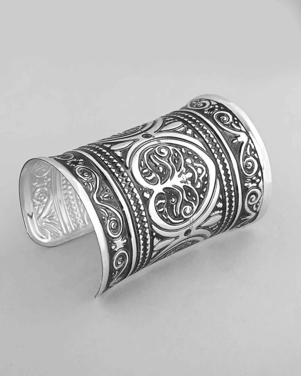 VOJ Silver Plated Oxidised Long Cuff Bracelet