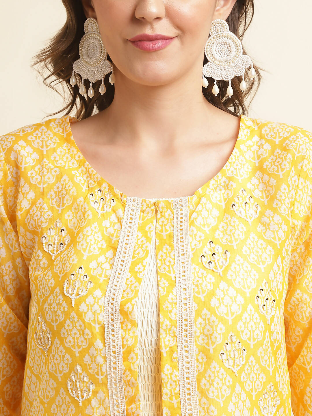 White Cotton Solid Flared Dress with Printed Shrug - Yukti