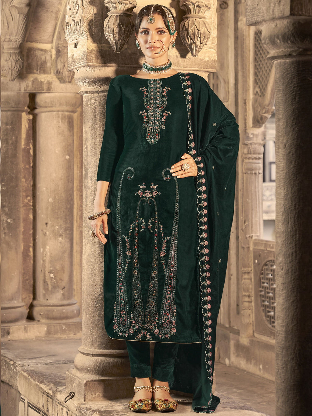 Jyoti Fashion Women's Green Velvet Floral Resham Thread with Jari work Kurta with Trouser & Dupatta
