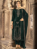 Jyoti Fashion Women's Green Velvet Floral Resham Thread with Jari work Kurta with Trouser & Dupatta