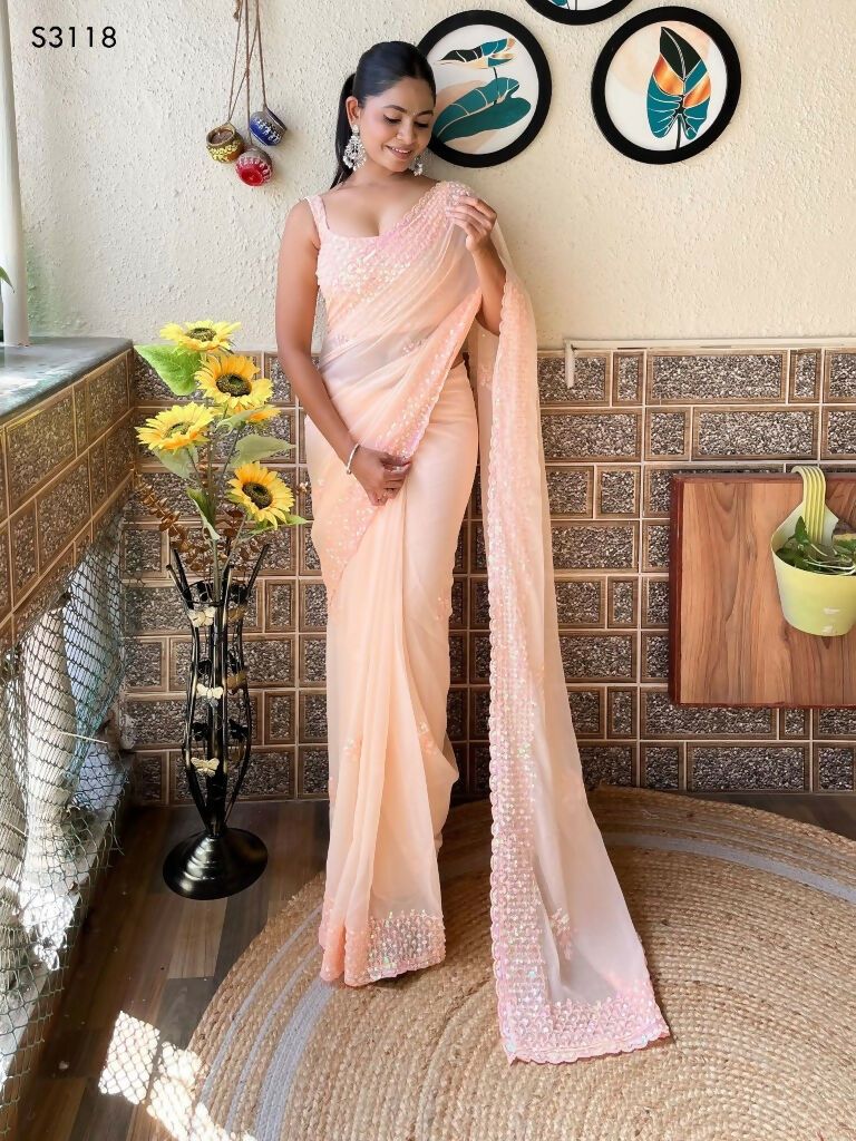 Peach Georgette Sequence Embroidery Cut Work Saree - Saadia
