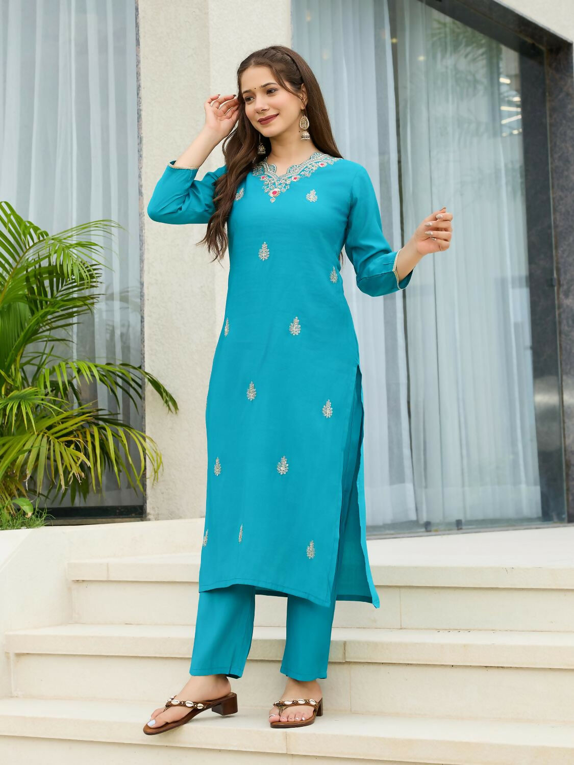 The52 Blue Women's Gorgeous Viscose Fabric Embroidered Work Straight Kurta, Pant and Dupatta Set