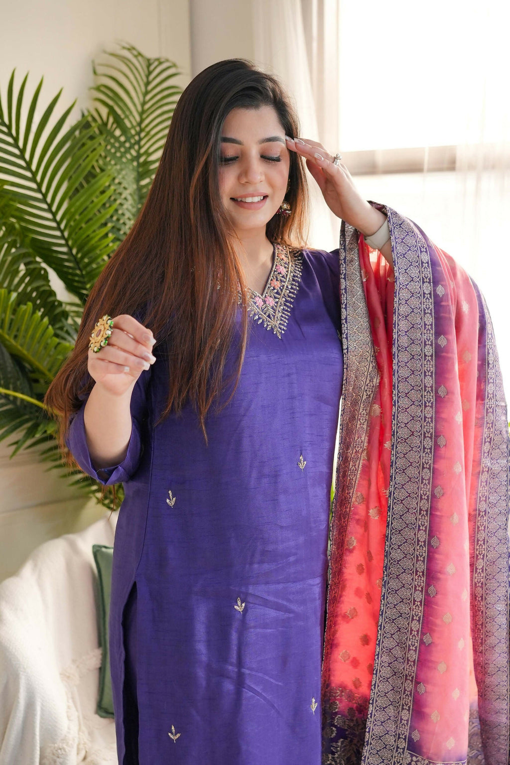 The52 Purple Women's Gorgeous Embroidered Vichitra Fabric Straight Kurta Pant with Dupatta Set