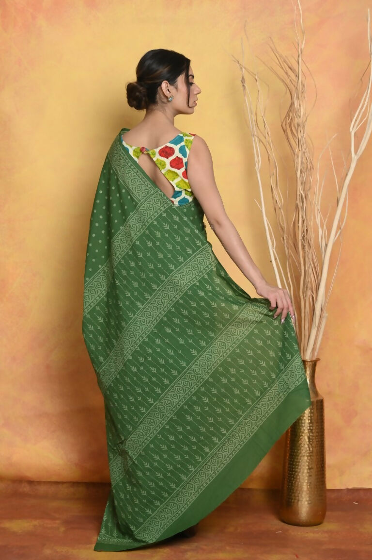 Very Much Indian Handblock Printed Cotton Saree With Natural Dyes - Green