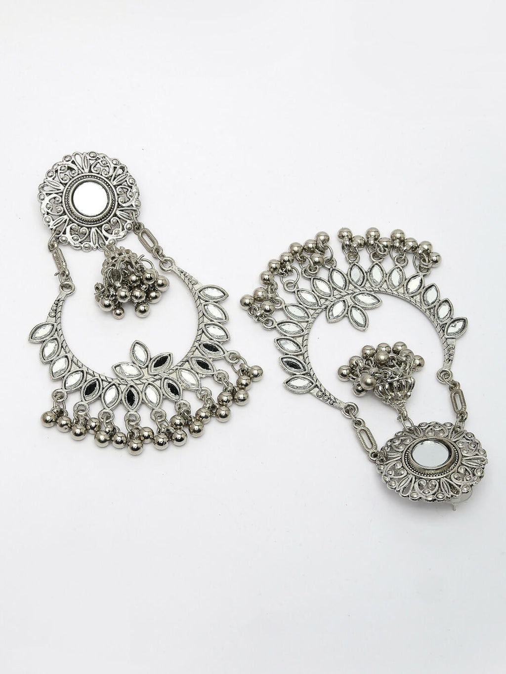 NVR Women's Silver-Plated Mirror Work Oxidised Chandbali Earrings