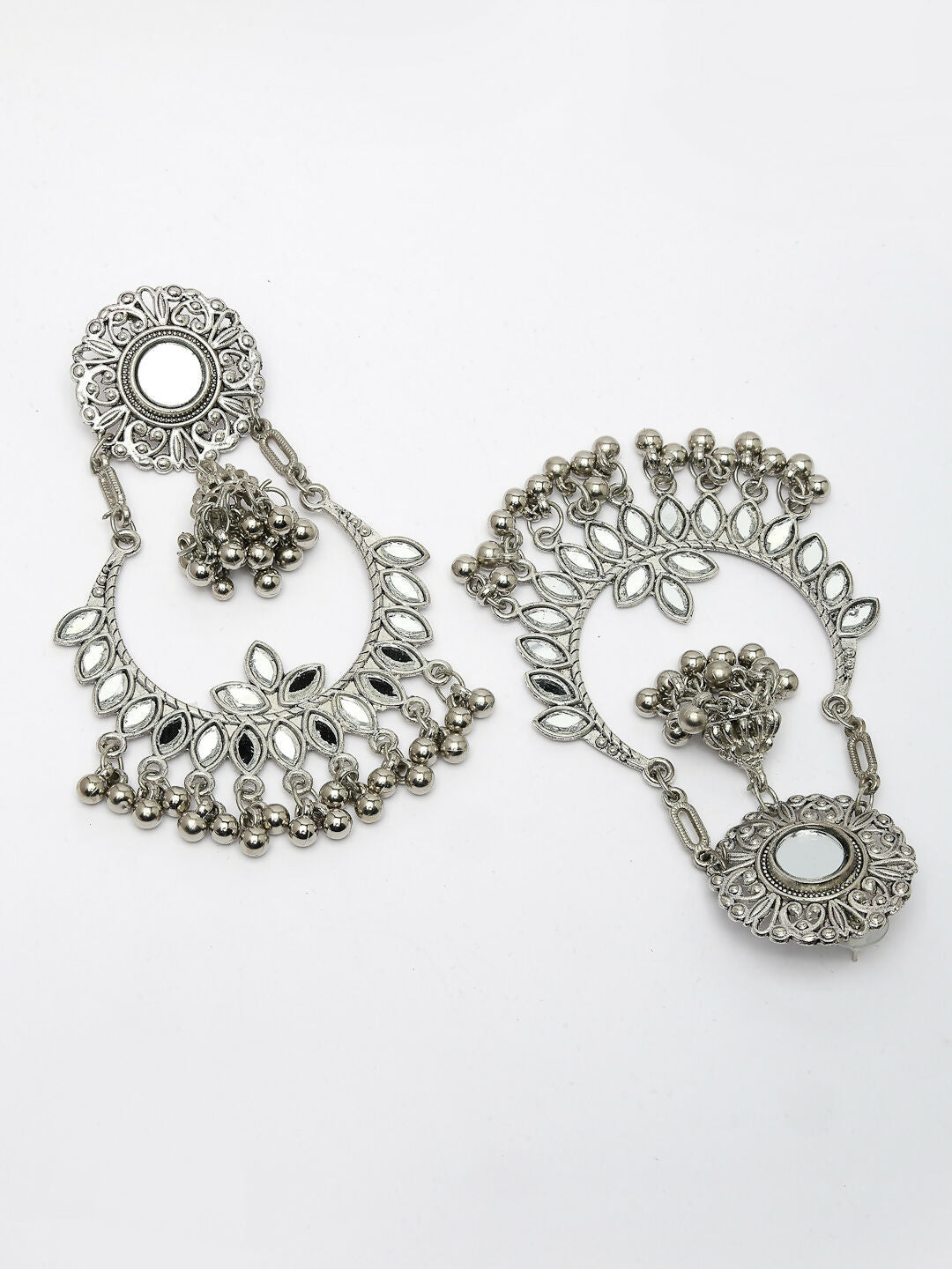 NVR Women's Silver-Plated Mirror Work Oxidised Chandbali Earrings