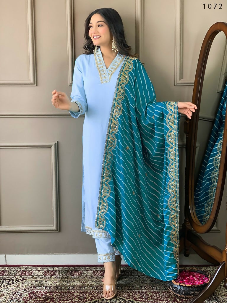 Partywear Designer Viscose Silk Blend Sky Stitched Suit With Dupatta - Tanisha