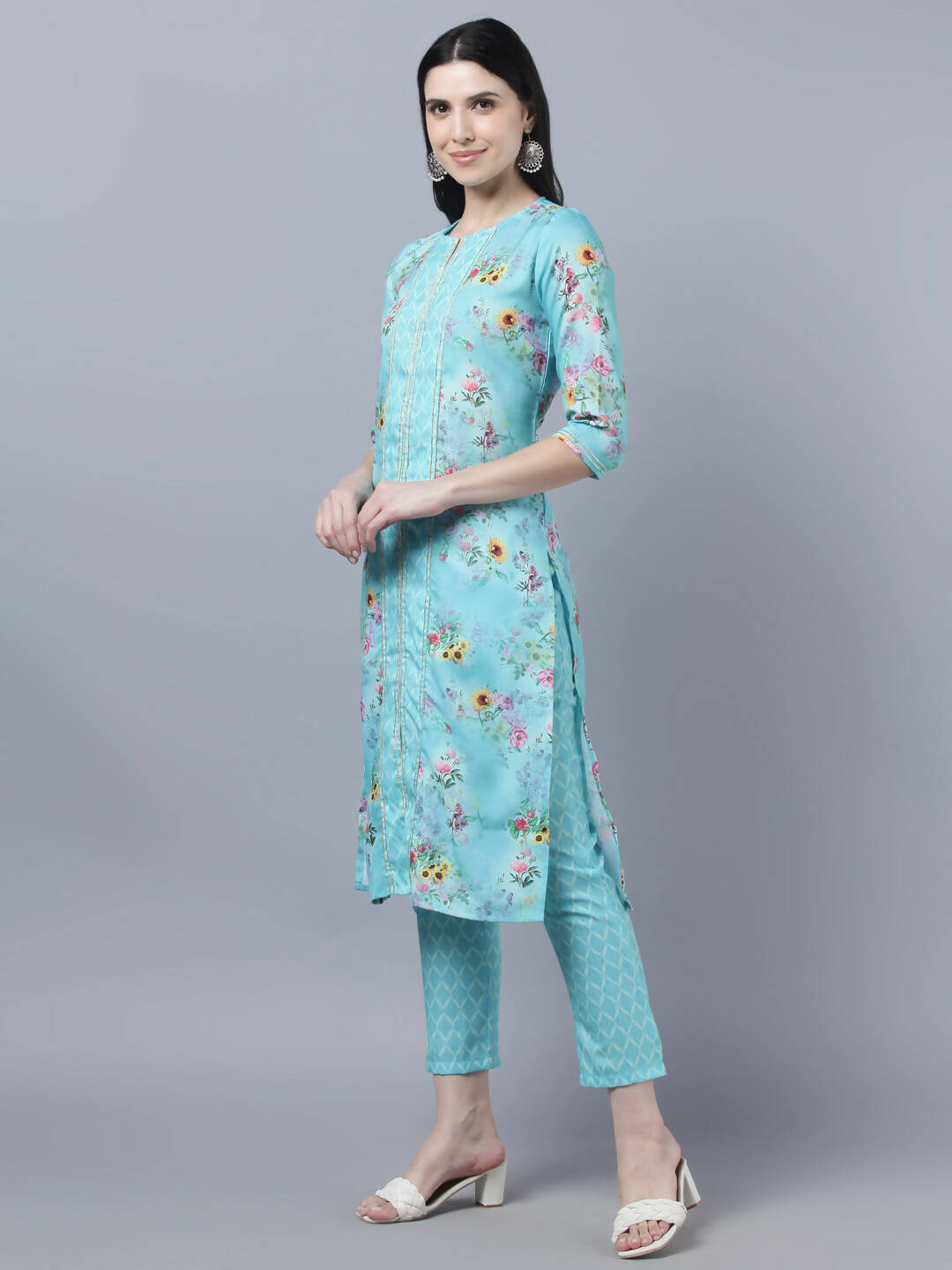 Myshka Women Blue Yellow Printed Kurta with Trousers