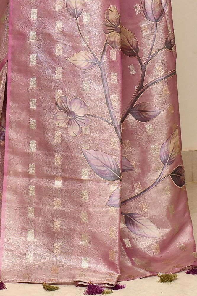 Joban Fashion Purple Saree Tissue Zari Buti Allover Applick With Contrast Blouse