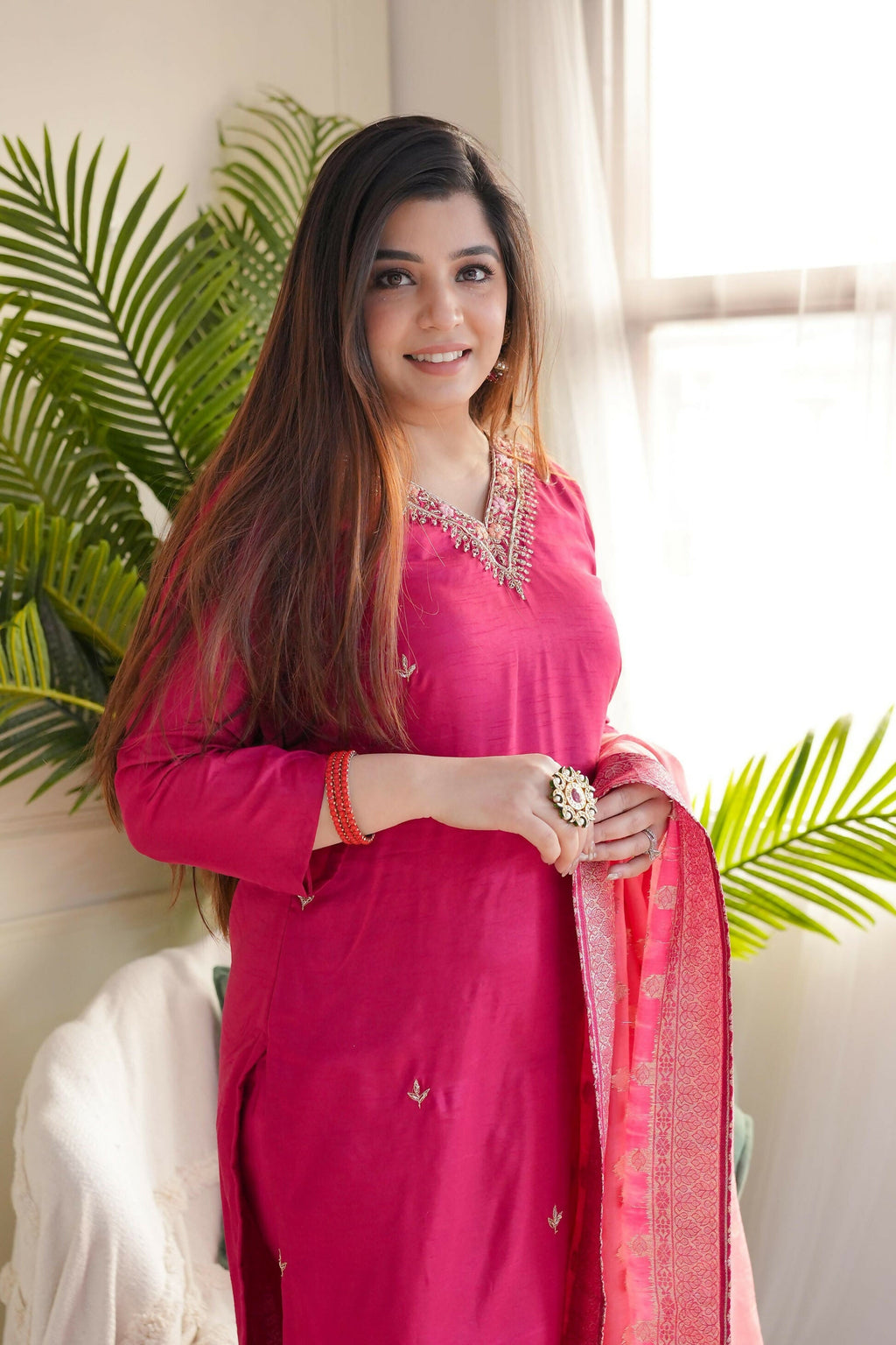The52 Pink Women's Gorgeous Embroidered Vichitra Fabric Straight Kurta Pant with Dupatta Set