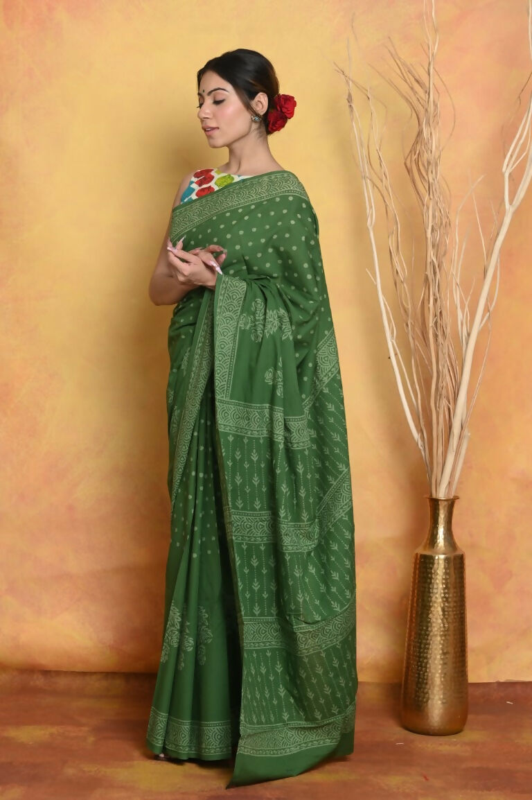 Very Much Indian Handblock Printed Cotton Saree With Natural Dyes - Green